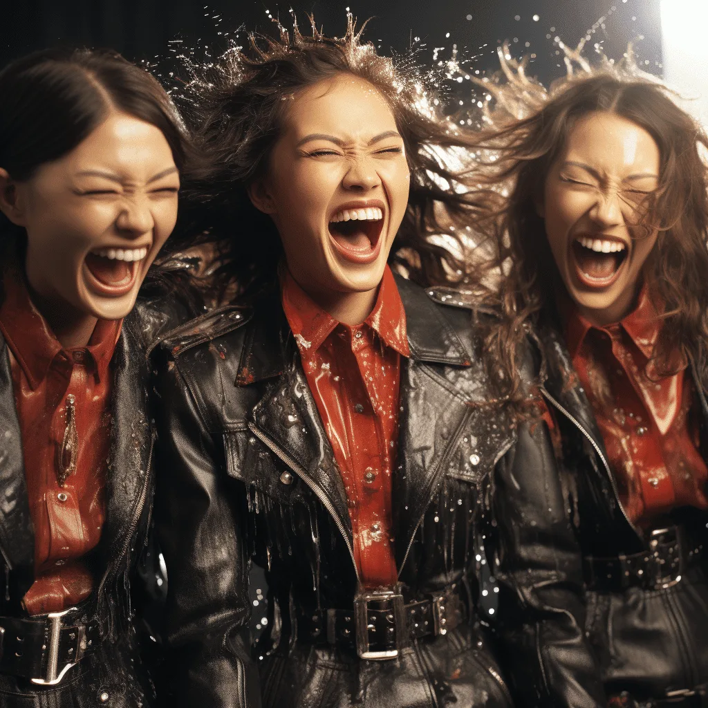 Female Super Models Laughing as Water Gushes Out of Their Belt Buckels
