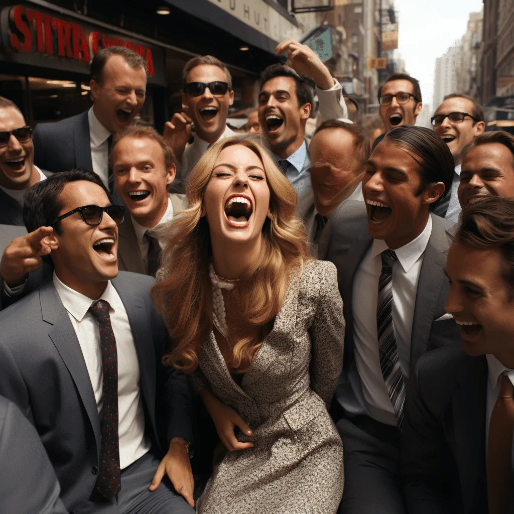 Female Supermodels Laughing While Surrounded by Businessmen